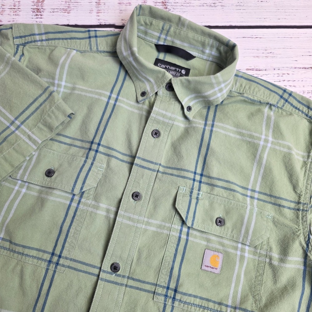 Carhartt Mens XL Loose Fit Midweight Short‎ Sleeved Shirt Green Plaid Cotton